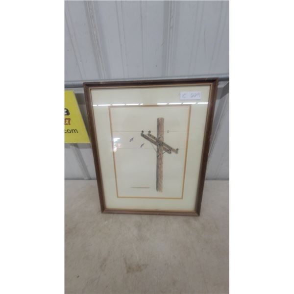 Framed Print of Birds on a Telephone Pole, Signed, 17”×21”