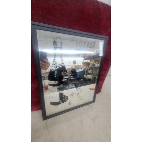 Henkell Trocken Framed Mirror, with Bottle and Dancing Figures Graphic, 17”×21”