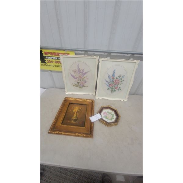 Framed Floral Needlepoint Art 2, Framed Still Life Painting, and Octagonal Floral Plaque