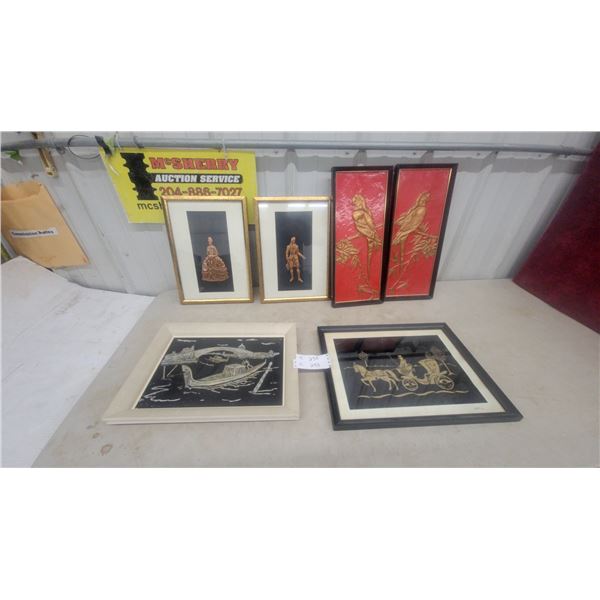 Assorted Wall Art: 2 Red and Gold Parrot Reliefs, 2 Gold Figure Reliefs, and More biggest one