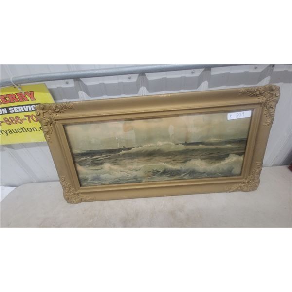 Framed Seascape Print with Gold-Tone Ornate Frame, 36”×18”