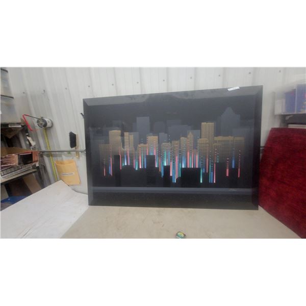 Framed 1980s Postmodern Cityscape Skyline Art Print with Neon Accents on Black Background 40”×60”