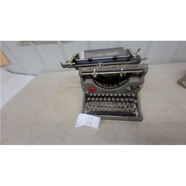 Underwood Standard Typewriter, Gray, with Black Keys and Red Underwood Logo, and Paper