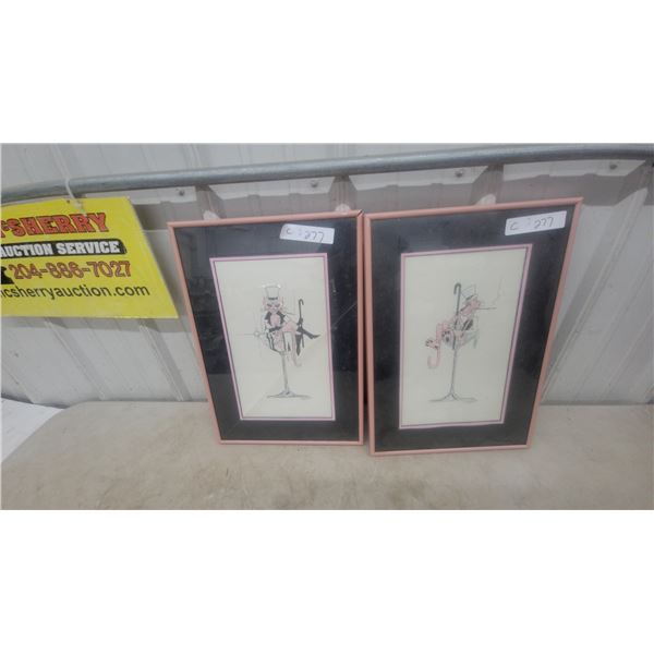Two Framed "Pink Panther" Style Cat Prints, Signed "F. Bysouth '88 12.6”×18”