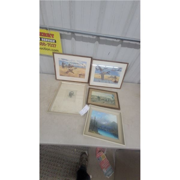 Five Framed Art Prints: Two Duck Hunting Scenes, Two Bird Hunting Scenes, and One Portrait