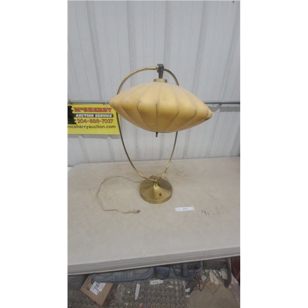 Mid-Century Modern Brass Table Lamp with Ribbed Fiberglass Shade and Power Cord