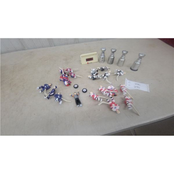 Vintage Hockey Tabletop Game Pieces: 4 Stanley Cups, 1 Referee, 2 Pucks, Teams of Players