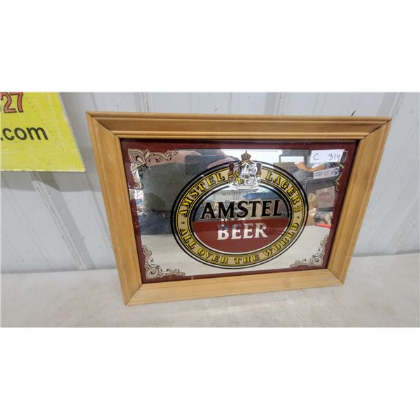 Amstel Beer Mirror in Wood Frame, 14”×20”