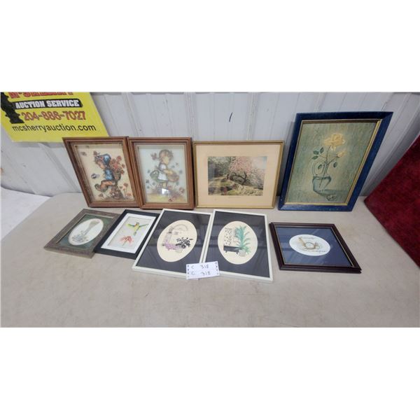 9 Assorted Framed Art: 2 Hummels, 2 Silhouettes, and Hummingbird