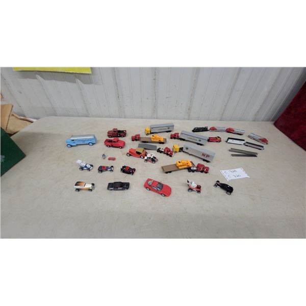 Assorted Die-Cast Toy Cars, Trucks, and Trains, Including NP and Santa Fe Freight Cars matchbox