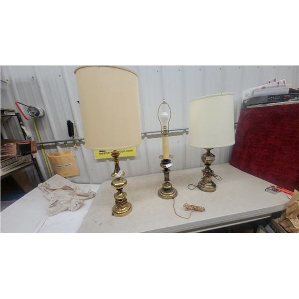 Three Brass Table Lamps, One Without Shade