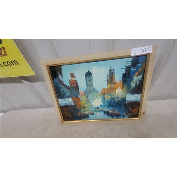 Framed Oil on Canvas Painting of a Cityscape with a Domed Building, 17.6” ×13”