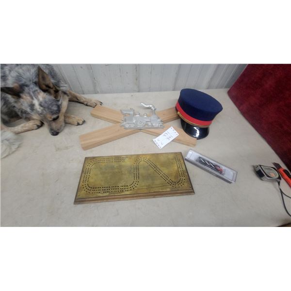 Cribbage Board, Conductor's Hat, and Cast Iron Train Engine Wall Hook
