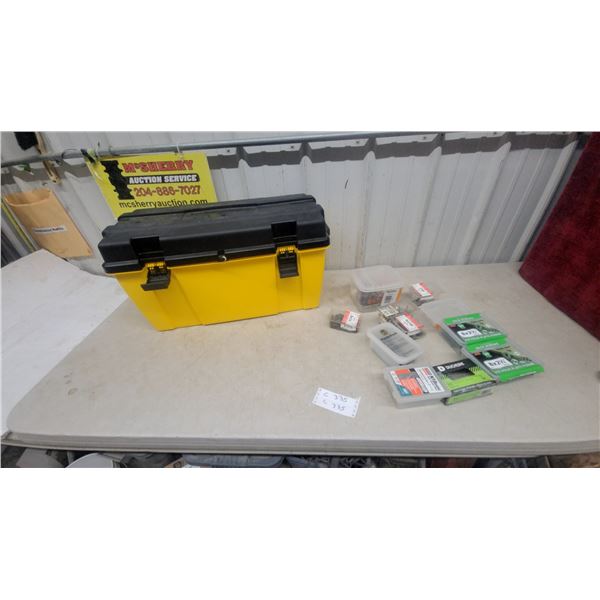 Yellow and Black Tool Box; 3 Packages 8 × 2-1/2” Deck Screws; 2 Packages Nails and Screws