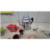 Image 4 : Vintage Coffee and Tea Service Lot: Chrome Coffeemaker, Red Teapot, Striped Teapot, + Mugs