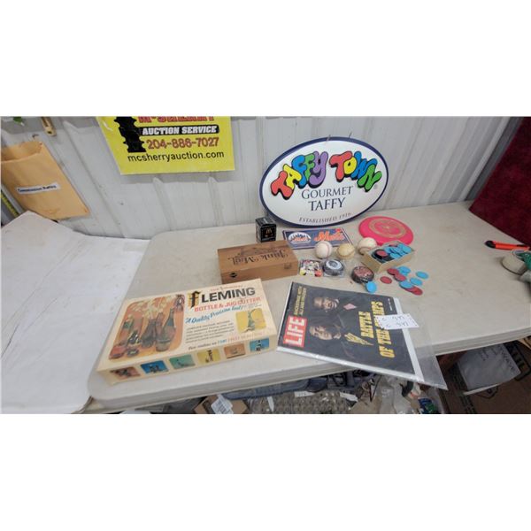 Fleming Bottler and Jug-Lifter, Gourmet Taffy Sign, Mets Sign, Baseballs