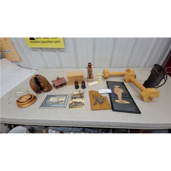 Assorted Decor and Collectibles: Wooden Bolts, Framed Art, Figurines