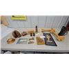 Image 1 : Assorted Decor and Collectibles: Wooden Bolts, Framed Art, Figurines