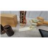 Image 4 : Assorted Decor and Collectibles: Wooden Bolts, Framed Art, Figurines