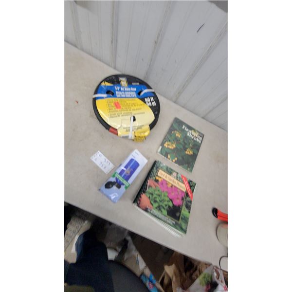 5/8” × 50' Rubber Water Hose, 2 Garden Books, and Water Pump Filter
