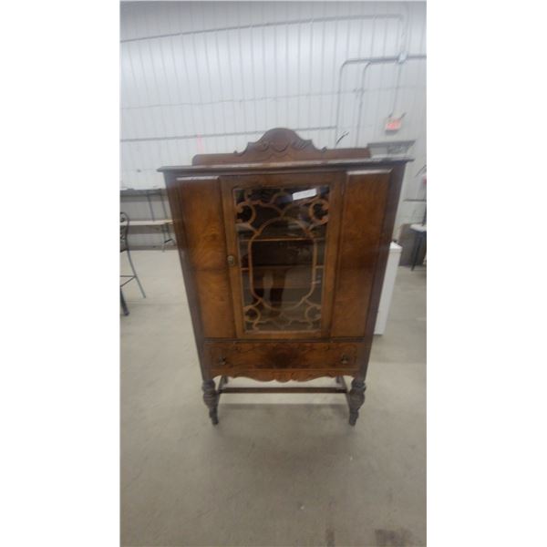 Antique china Cabinet with Carved Details and Single Drawer 67”×58”×13”