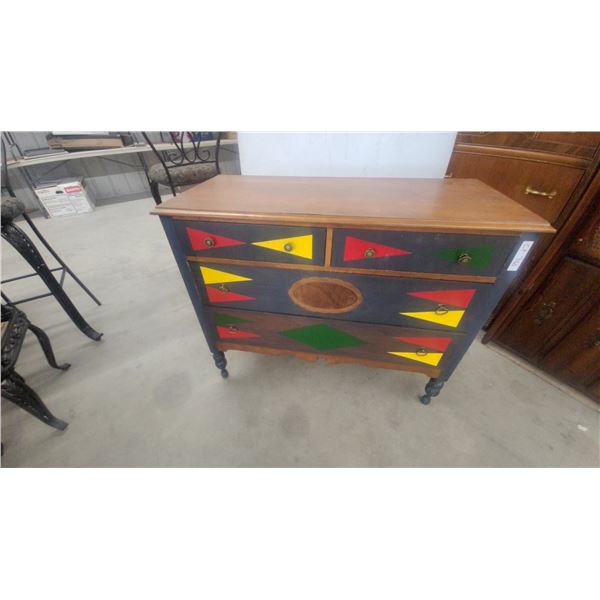 Painted Wood Dresser with Backgammon Board Motif and Brass Pulls 36”×44”×20”