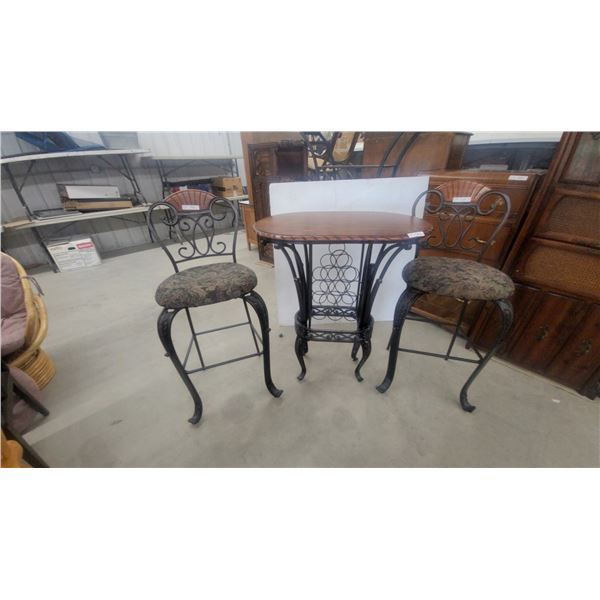 Wrought Iron and Wood Bar Table with Wine Rack and Two Upholstered Bar Stools