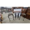 Image 1 : Wrought Iron and Wood Bar Table with Wine Rack and Two Upholstered Bar Stools