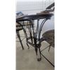 Image 4 : Wrought Iron and Wood Bar Table with Wine Rack and Two Upholstered Bar Stools