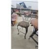 Image 7 : Wrought Iron and Wood Bar Table with Wine Rack and Two Upholstered Bar Stools