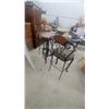Image 8 : Wrought Iron and Wood Bar Table with Wine Rack and Two Upholstered Bar Stools