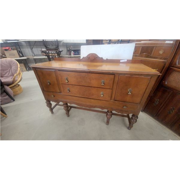 Vintage Wooden Sideboard Buffet Cabinet with Turned Legs, Drawers, and Brass Hardware 39”×60”×20”