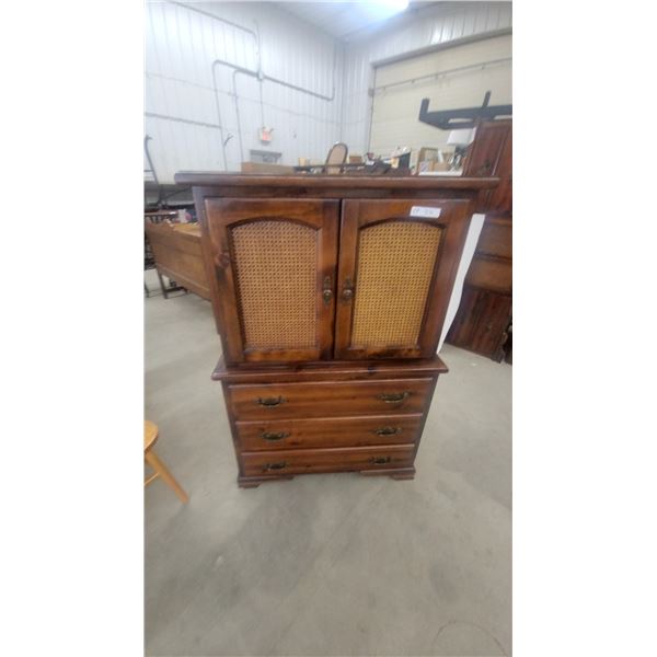 Wood Armoire with Cane Doors and Three-Drawer Dresser Base 56”×36”×22”