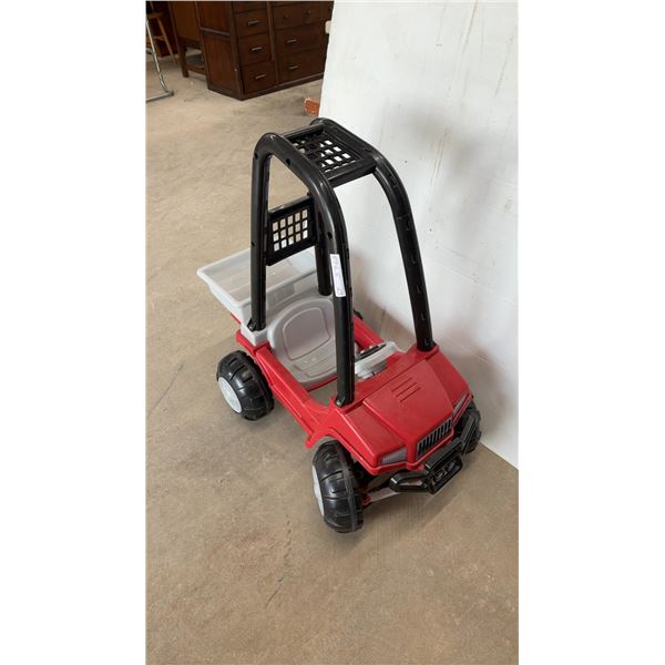 Red and Black Plastic Ride-On Toy UTV with Gray Seat, Steering Wheel, and Rear Dump Bed