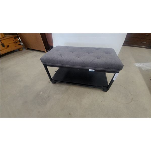 Gray Tufted Upholstered Bench with Black Metal Frame and Shelf 16”×16”×30”