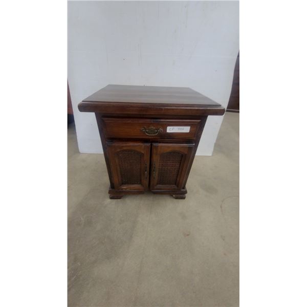 Dark Wood Nightstand with Drawer and Two Woven-Panel Doors 22”×20”×16”