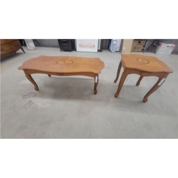 Pair of Carved Wood Inlaid End Tables 16”×48”×23” and 20”×20”×22”