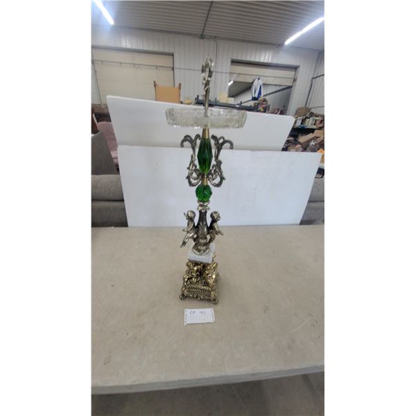 Ornate Metal and Green Glass Pedestal with Cherub Figures and Cut Glass Dish MCM