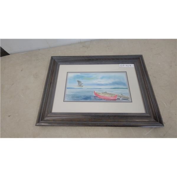 Framed Watercolor Painting of a Heron and Canoe, Signed 23”×16”