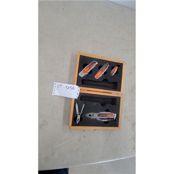 Sheffield Stainless Steel Multi-Tool Set in Wood Case: 3 Folding Knives, 2 Pliers