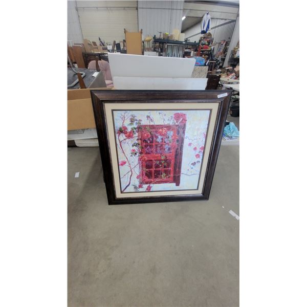 Framed Wall Art: Red Window with Climbing Roses Painting 49”×49”