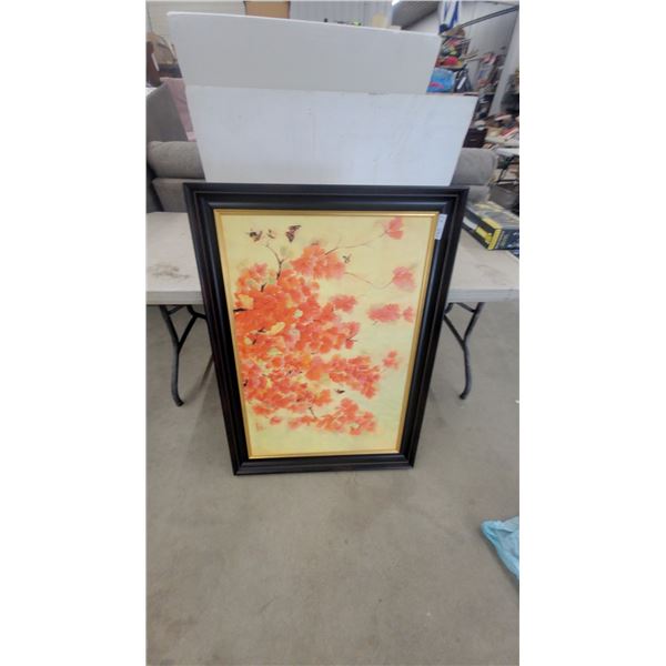 Framed Asian-Style Painting of Orange Flowers and Butterflies brushstrokes 29”×41”