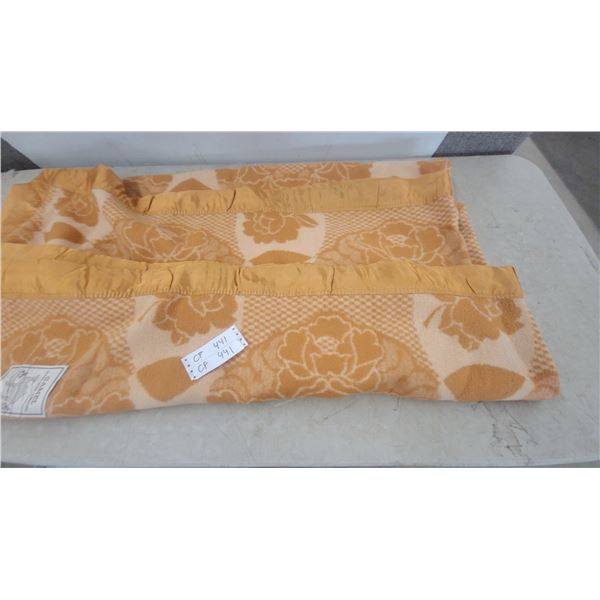 Camel Super Wool Worsted Blanket with Two-Tone Orange Floral and Checkered Pattern