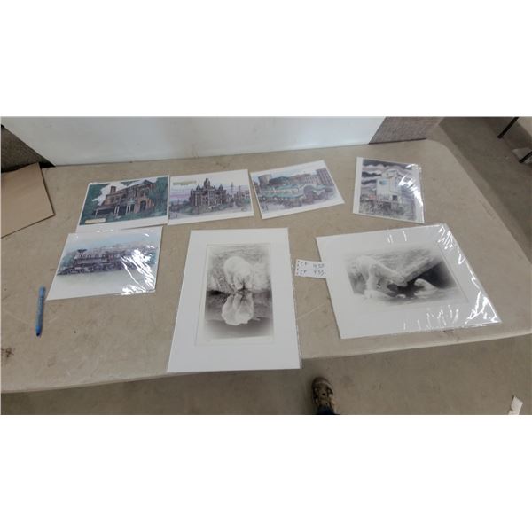 Assorted Art Prints: 2 Polar Bear Prints, Grain Elevator Print, and 4 Cityscape Prints