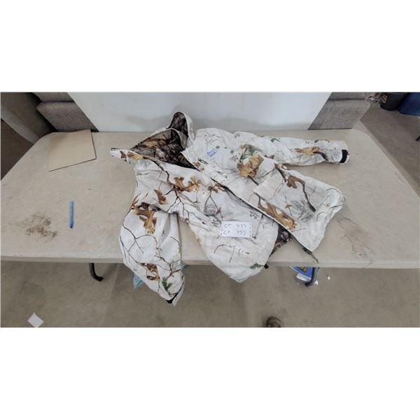 Yukon Gear White Camo Hunting Jacket and Pants Set, Reversible Brown Camo Lining