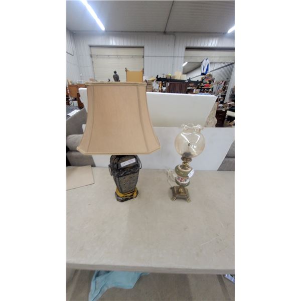Two Table Lamps: One with Tan Shade and Ornate Base, One with Glass Shade and Floral Base