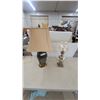 Image 1 : Two Table Lamps: One with Tan Shade and Ornate Base, One with Glass Shade and Floral Base