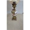 Image 3 : Two Table Lamps: One with Tan Shade and Ornate Base, One with Glass Shade and Floral Base