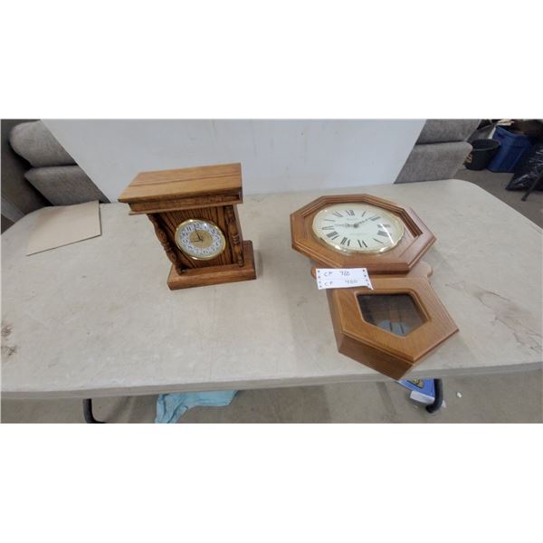 Two Wood-Cased Clocks: Octagonal Wall Clock and Mantle Clock