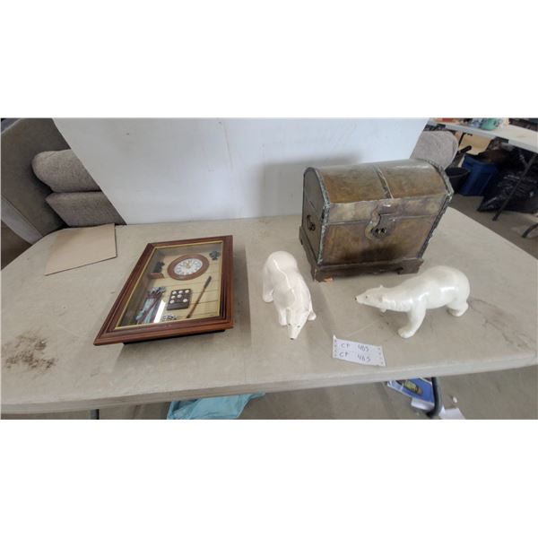 Golf Shadow Box Clock, Two Polar Bear Figurines, and Brass chest
